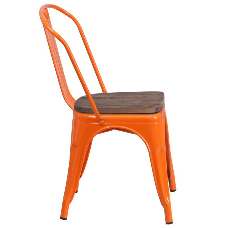 Orange Metal Stackable Chair with Wood Seat