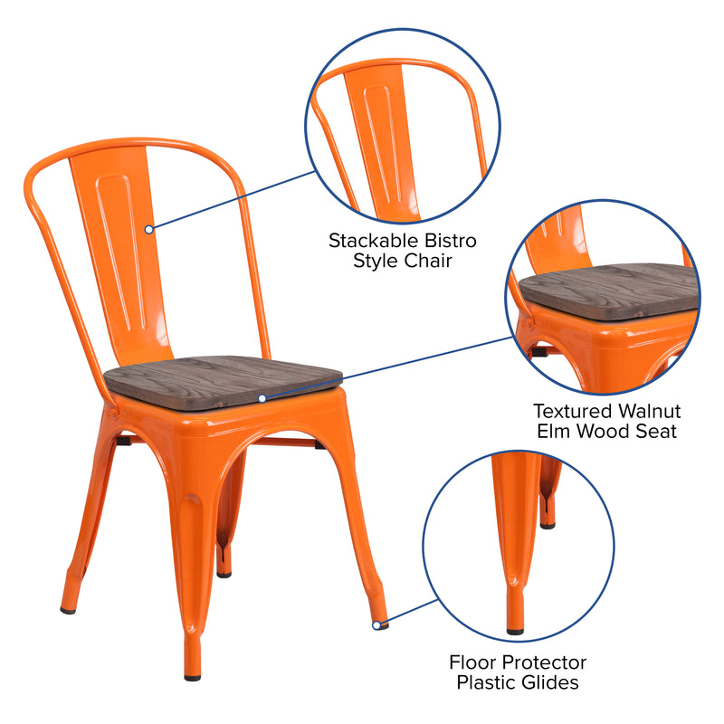 Orange Metal Stackable Chair with Wood Seat