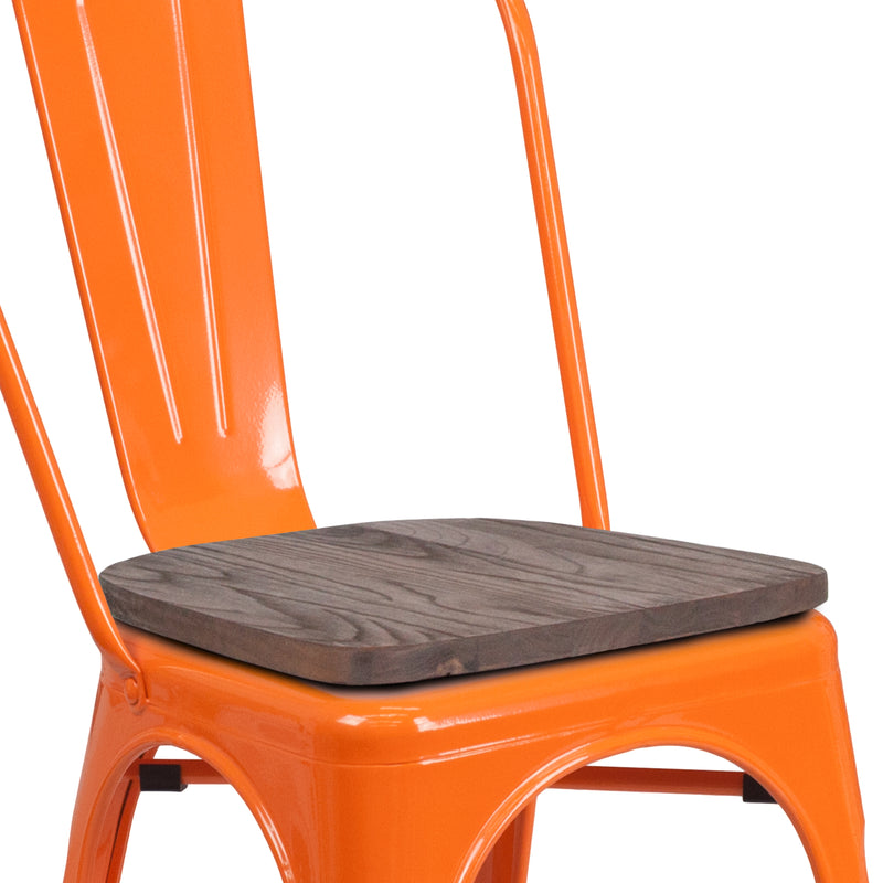 Orange Metal Stackable Chair with Wood Seat