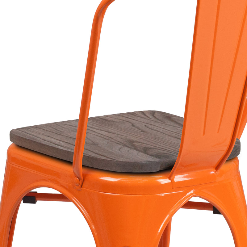 Orange Metal Stackable Chair with Wood Seat