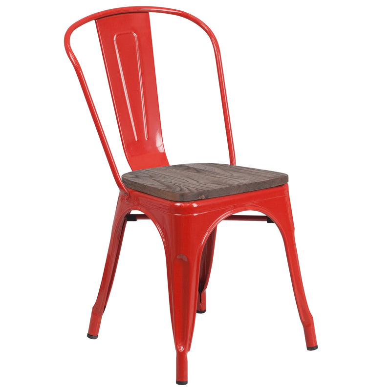 Red Metal Stackable Chair with Wood Seat