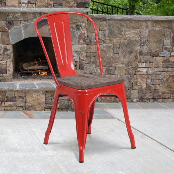 Red Metal Stackable Chair with Wood Seat