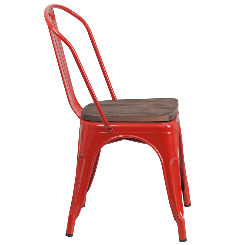 Red Metal Stackable Chair with Wood Seat