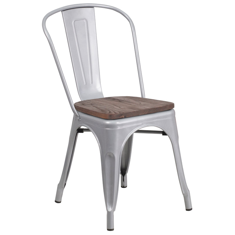 Silver Metal Stackable Chair with Wood Seat