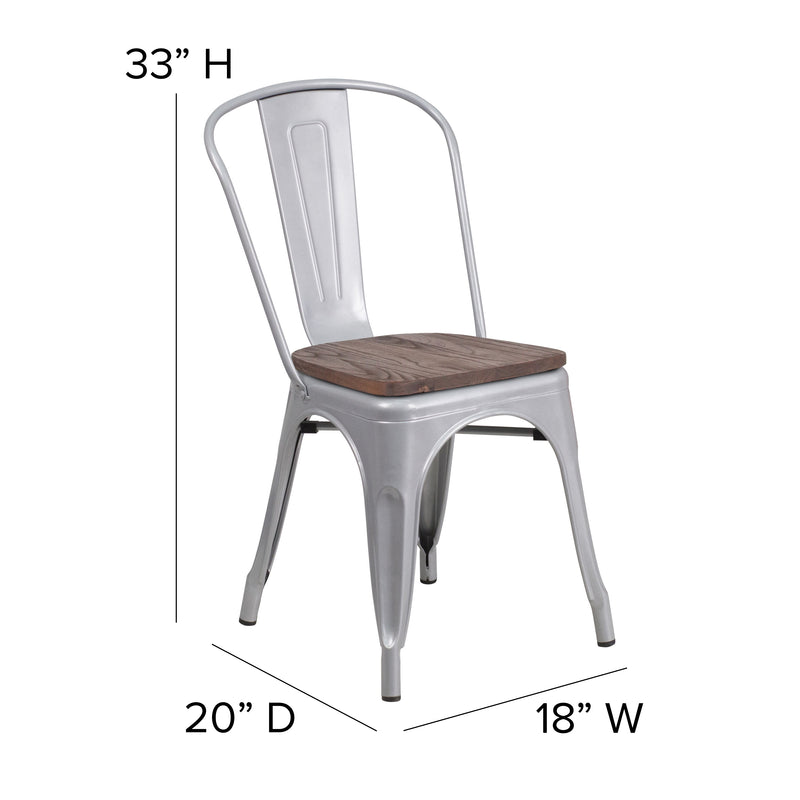 Silver Metal Stackable Chair with Wood Seat