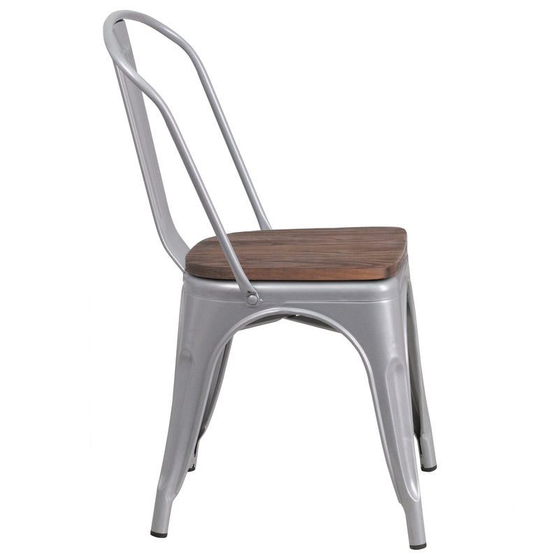 Silver Metal Stackable Chair with Wood Seat