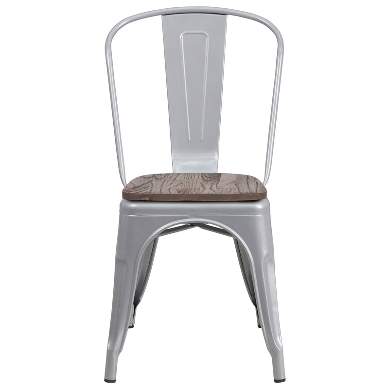 Silver Metal Stackable Chair with Wood Seat