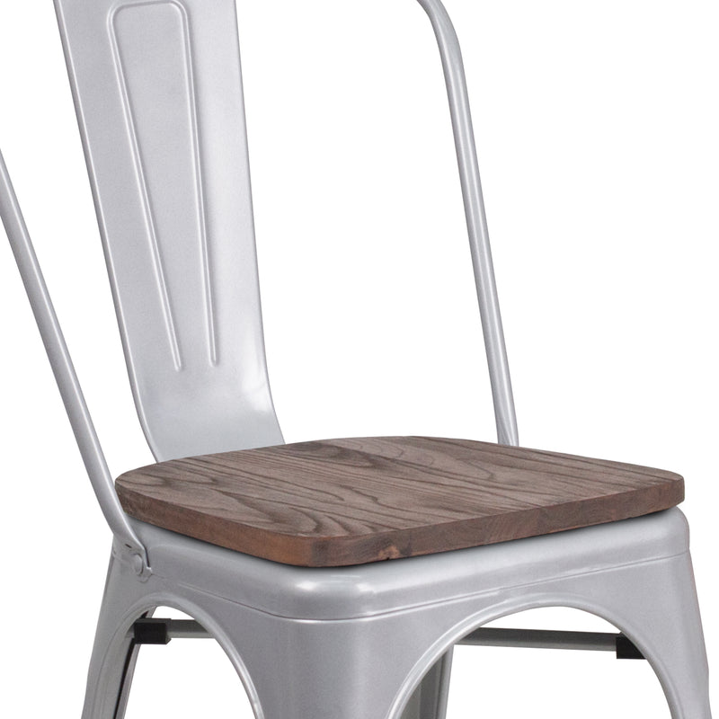 Silver Metal Stackable Chair with Wood Seat