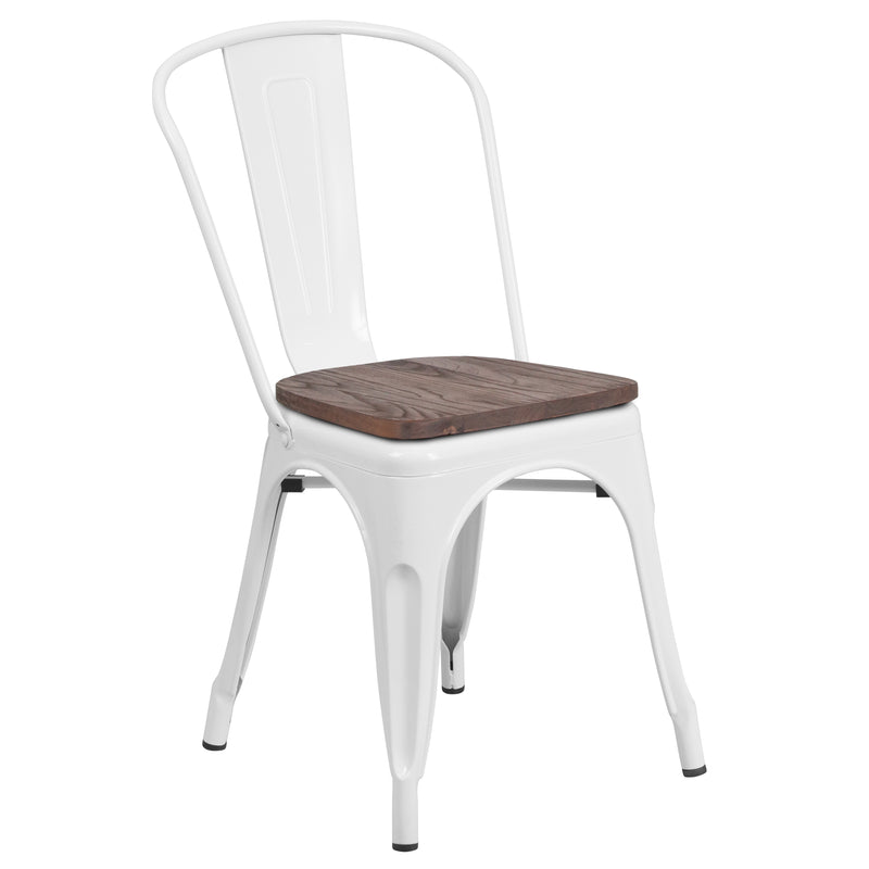 White Metal Stackable Chair with Wood Seat