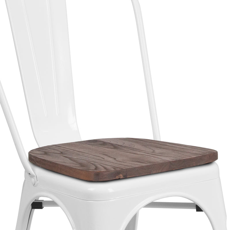 White Metal Stackable Chair with Wood Seat