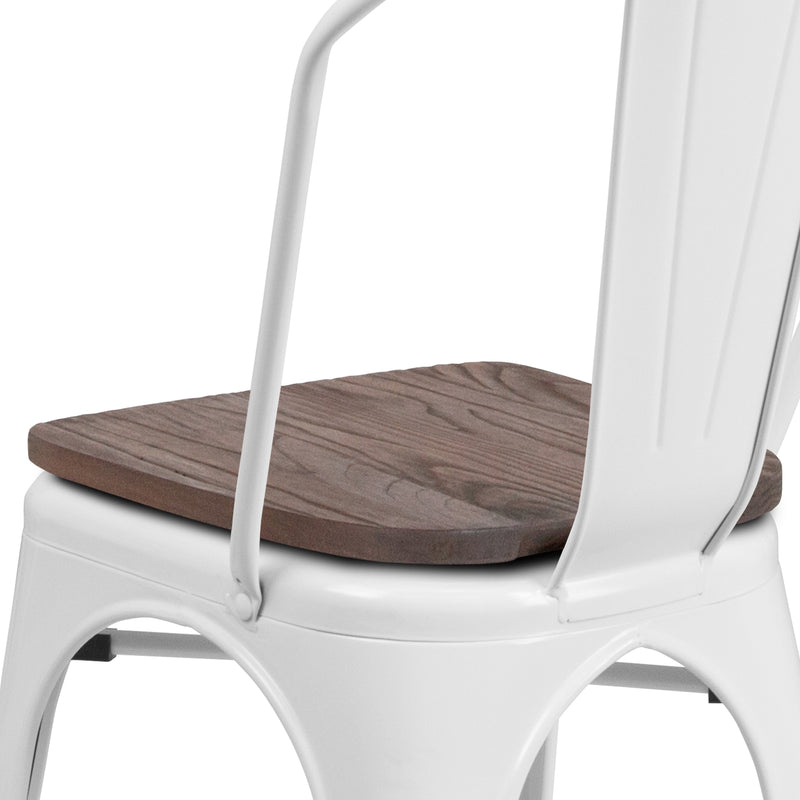 White Metal Stackable Chair with Wood Seat