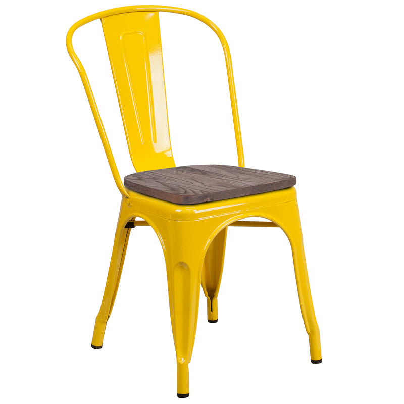 Yellow Metal Stackable Chair with Wood Seat