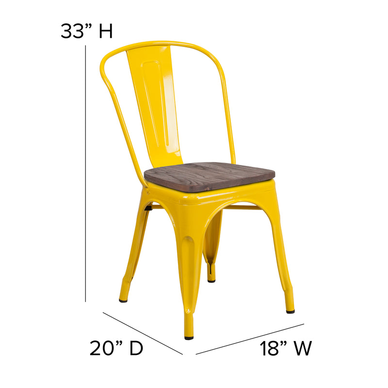 Yellow Metal Stackable Chair with Wood Seat