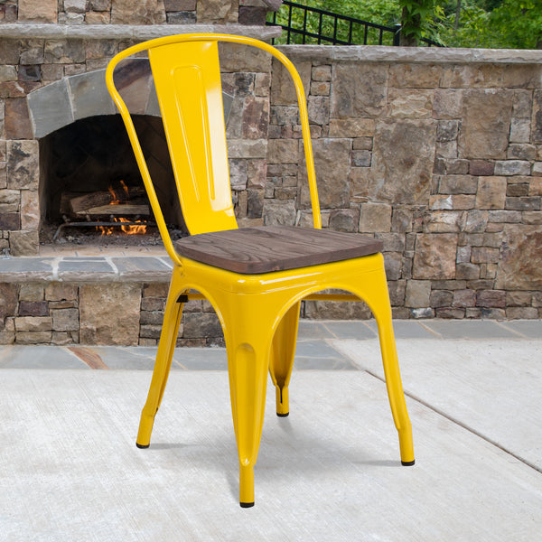 Yellow Metal Stackable Chair with Wood Seat