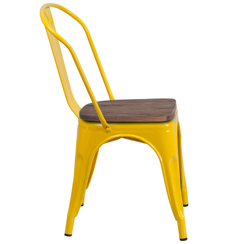 Yellow Metal Stackable Chair with Wood Seat