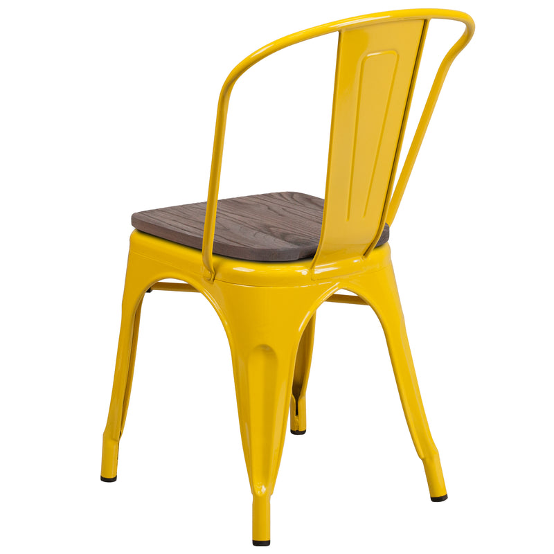 Yellow Metal Stackable Chair with Wood Seat