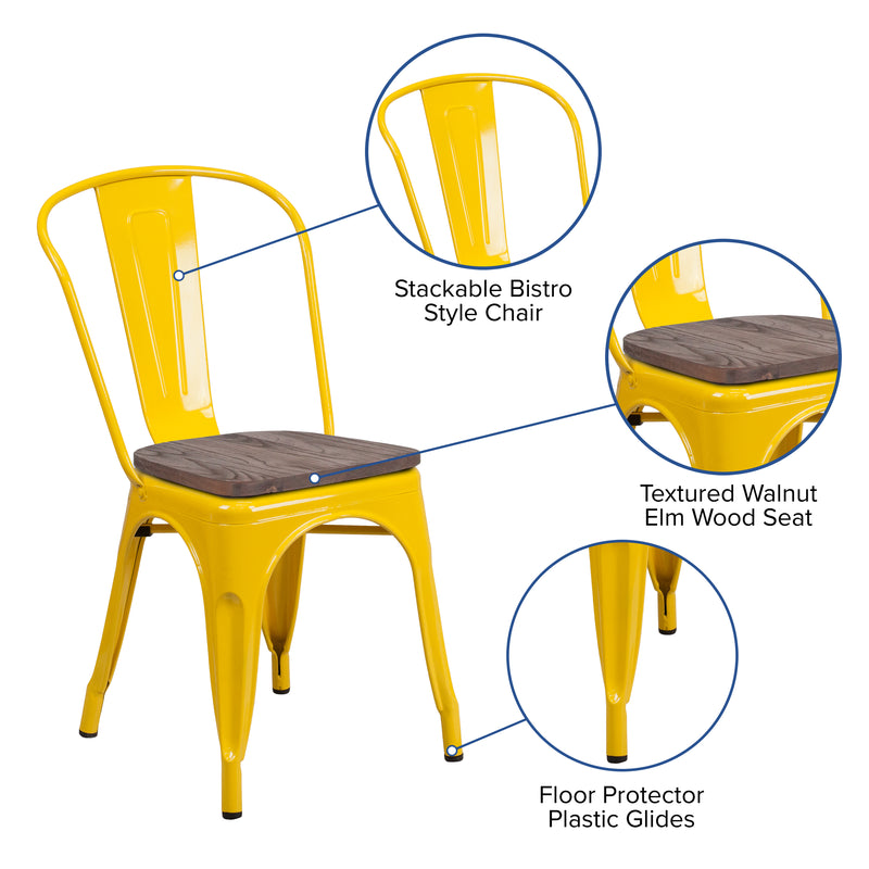 Yellow Metal Stackable Chair with Wood Seat