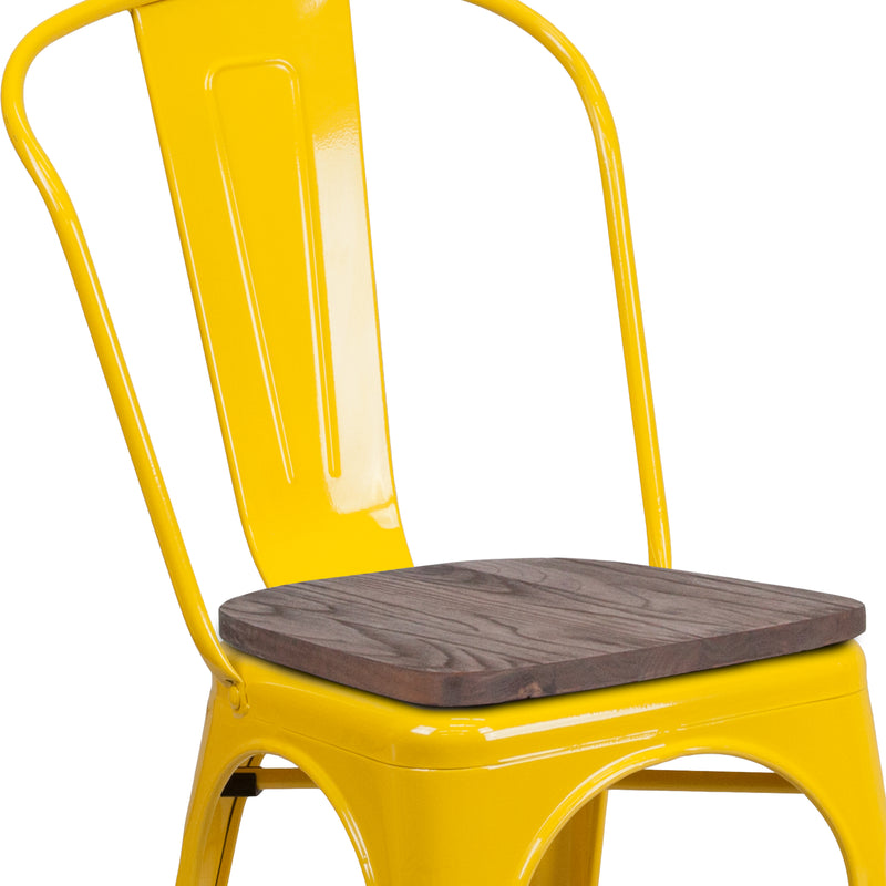 Yellow Metal Stackable Chair with Wood Seat