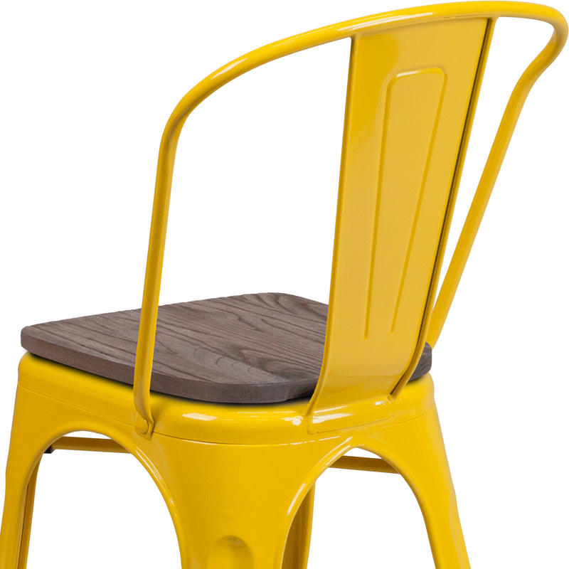 Yellow Metal Stackable Chair with Wood Seat