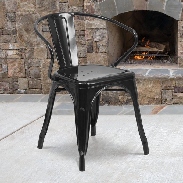 Commercial Grade Black Metal Indoor-Outdoor Chair with Arms