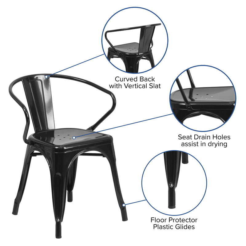 Commercial Grade Black Metal Indoor-Outdoor Chair with Arms