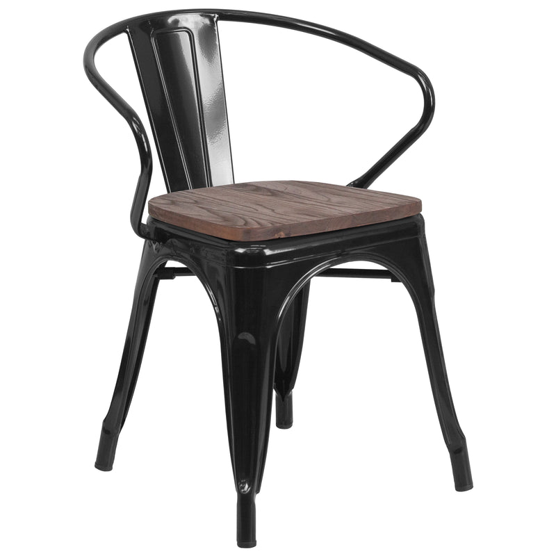 Black Metal Chair with Wood Seat and Arms