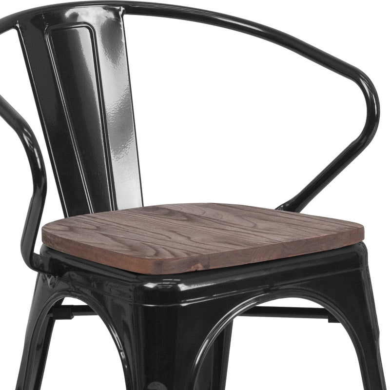 Black Metal Chair with Wood Seat and Arms