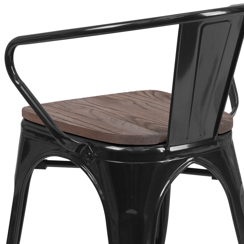 Black Metal Chair with Wood Seat and Arms