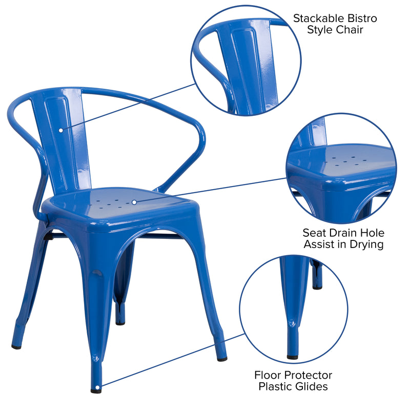 Commercial Grade Blue Metal Indoor-Outdoor Chair with Arms