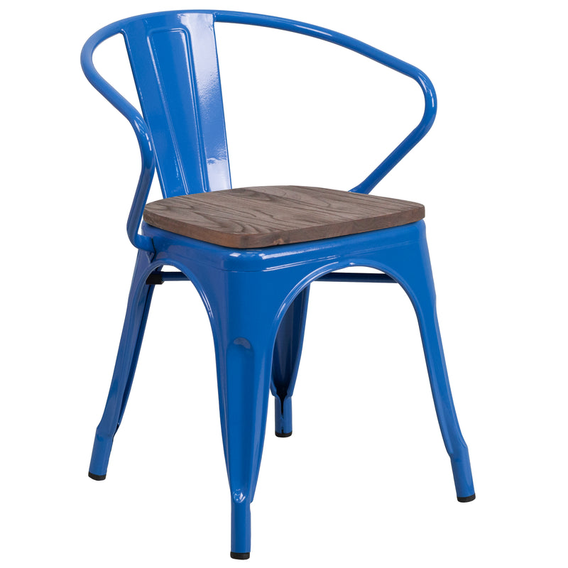 Blue Metal Chair with Wood Seat and Arms