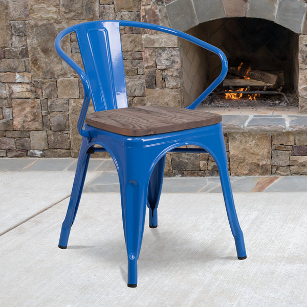 Blue Metal Chair with Wood Seat and Arms