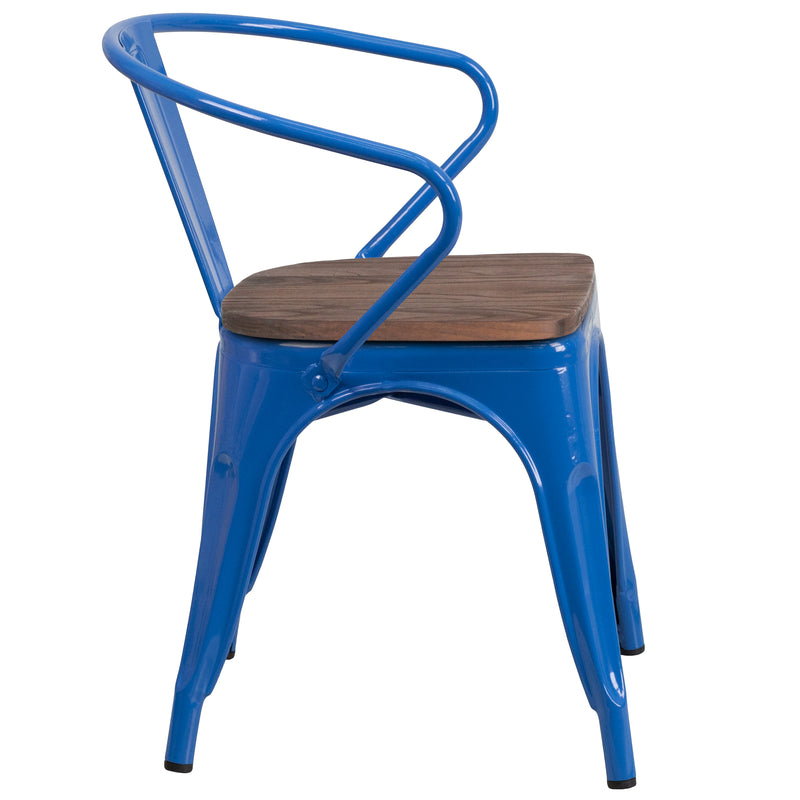 Blue Metal Chair with Wood Seat and Arms