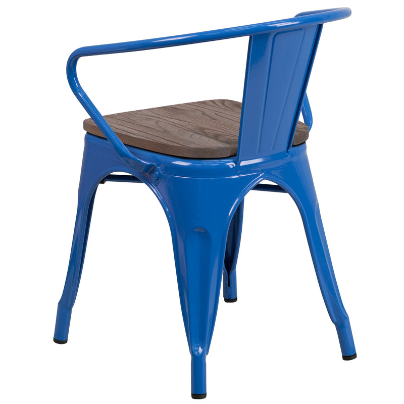 Blue Metal Chair with Wood Seat and Arms