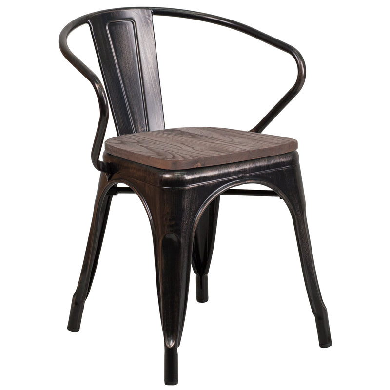 Black-Antique Gold Metal Chair with Wood Seat and Arms