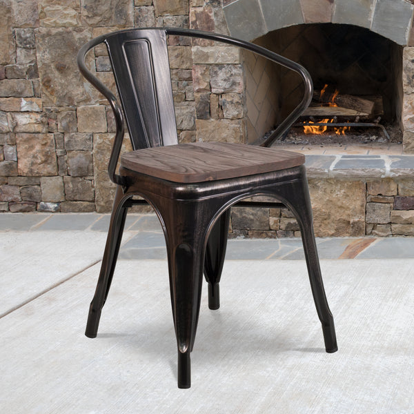 Black-Antique Gold Metal Chair with Wood Seat and Arms