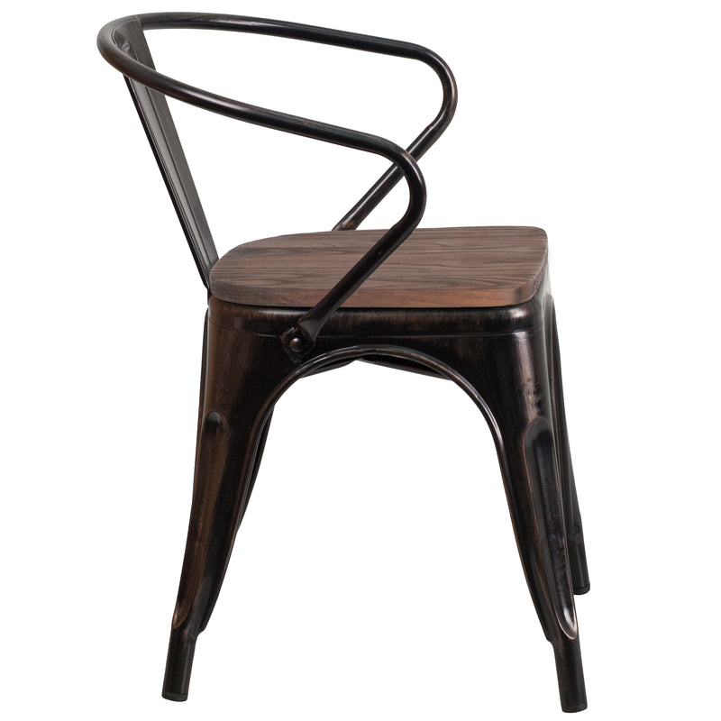 Black-Antique Gold Metal Chair with Wood Seat and Arms