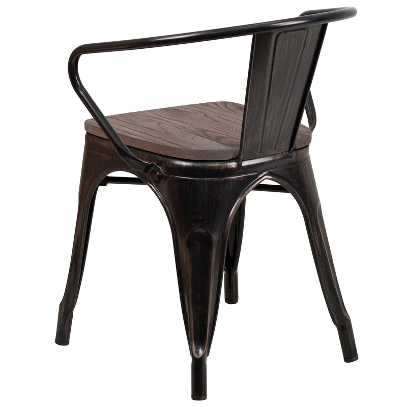 Black-Antique Gold Metal Chair with Wood Seat and Arms