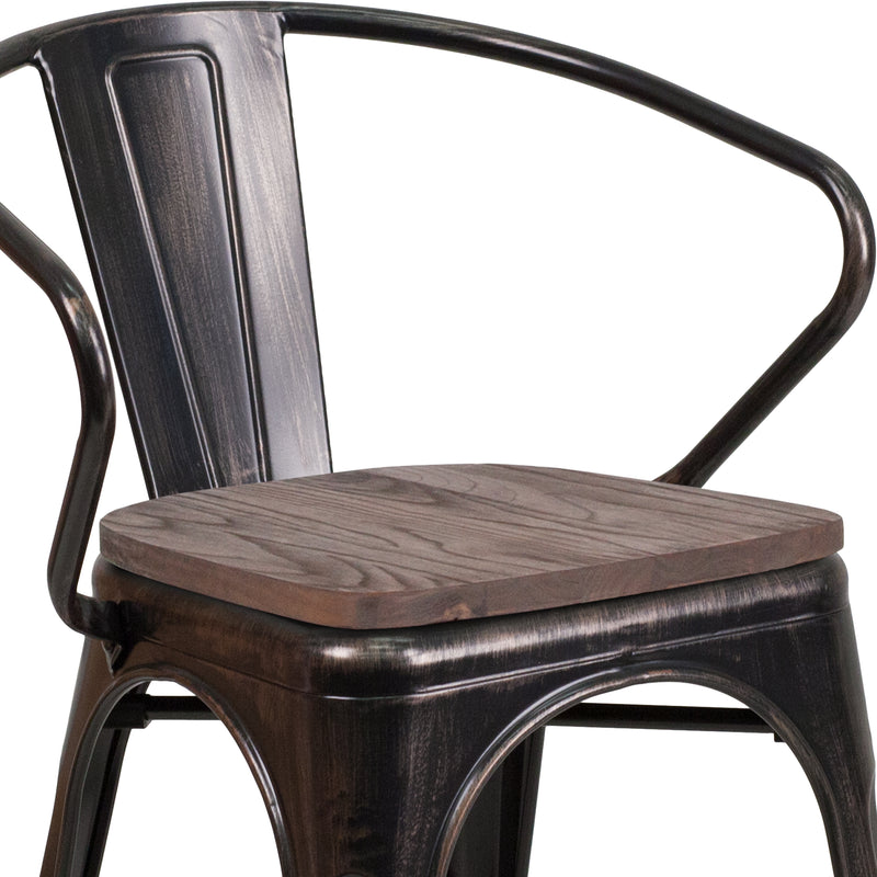 Black-Antique Gold Metal Chair with Wood Seat and Arms