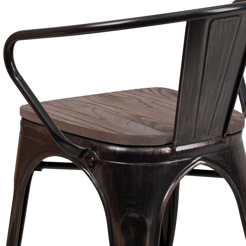 Black-Antique Gold Metal Chair with Wood Seat and Arms