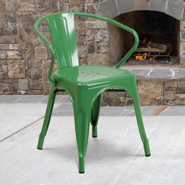 Commercial Grade Green Metal Indoor-Outdoor Chair with Arms