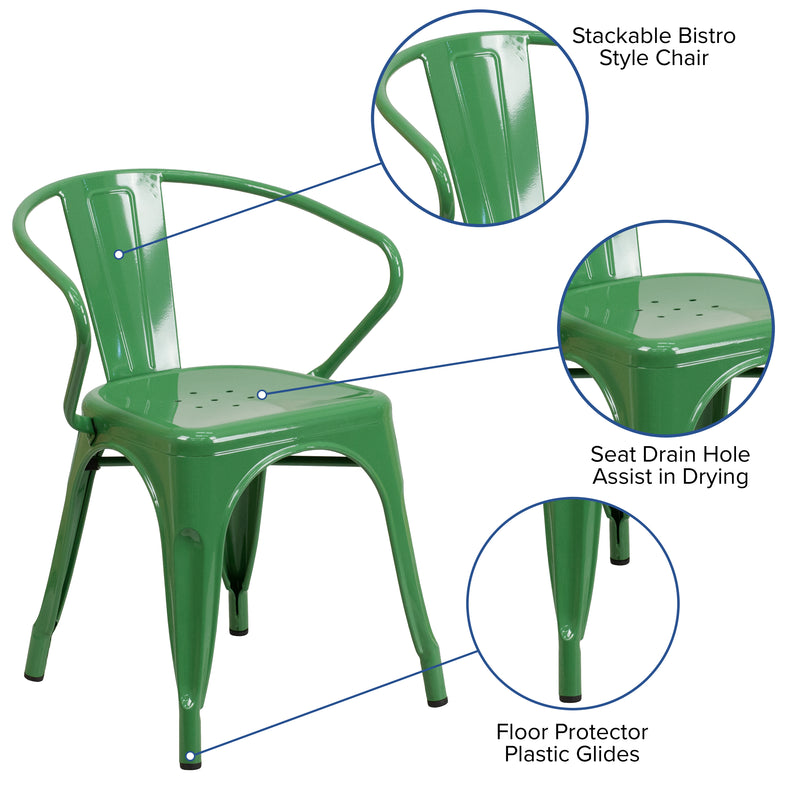 Commercial Grade Green Metal Indoor-Outdoor Chair with Arms