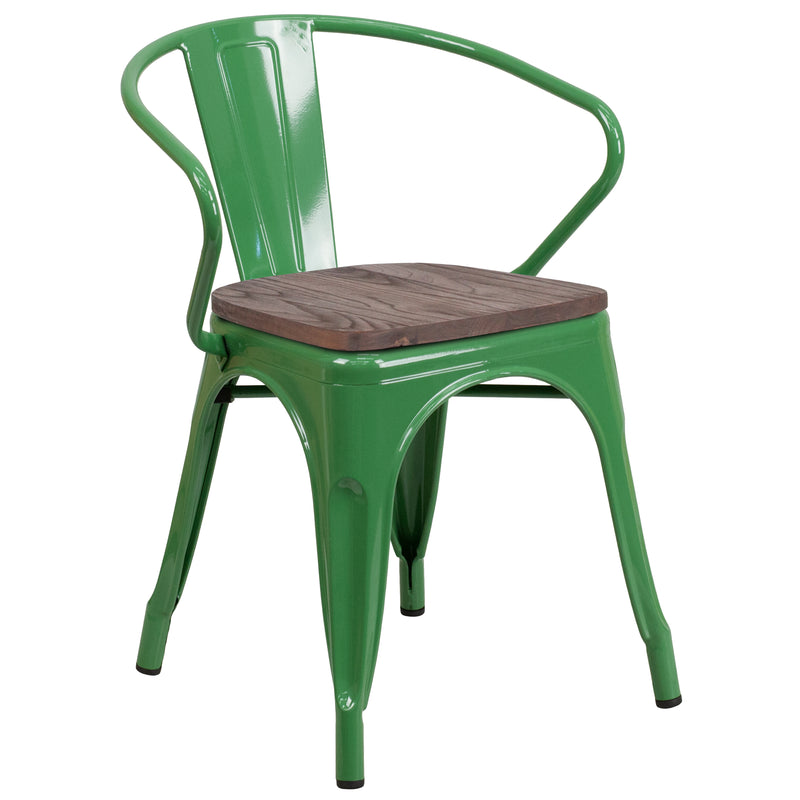 Green Metal Chair with Wood Seat and Arms