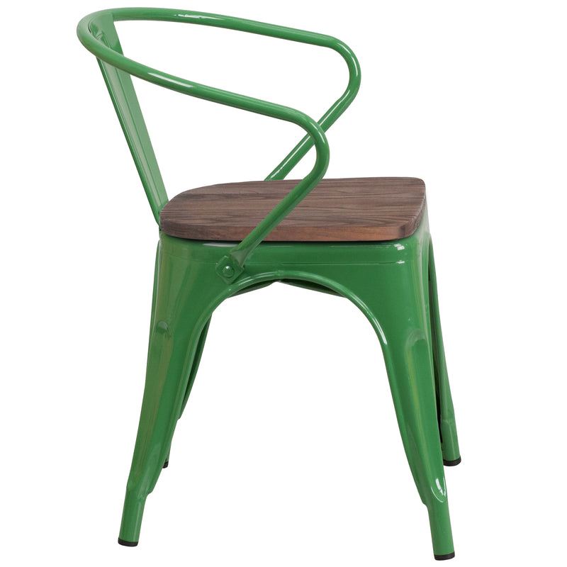 Green Metal Chair with Wood Seat and Arms