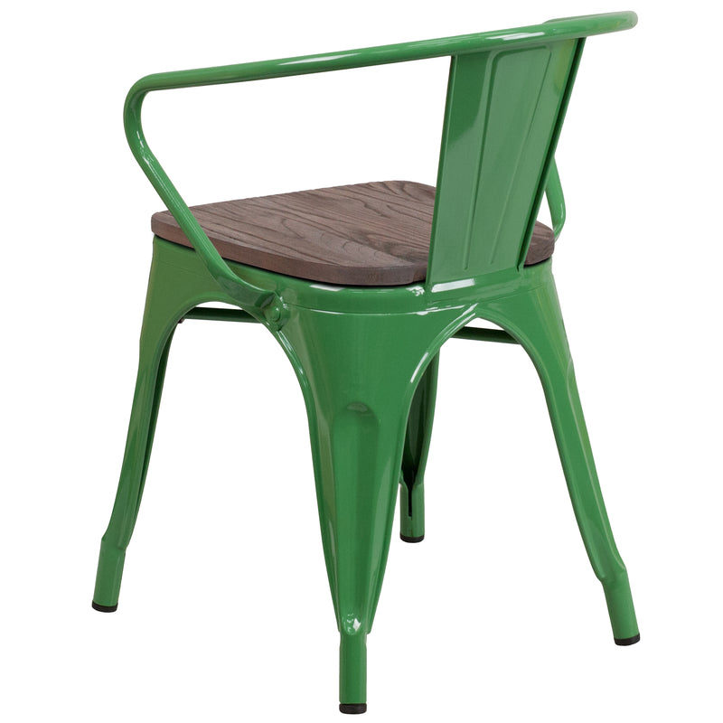 Green Metal Chair with Wood Seat and Arms