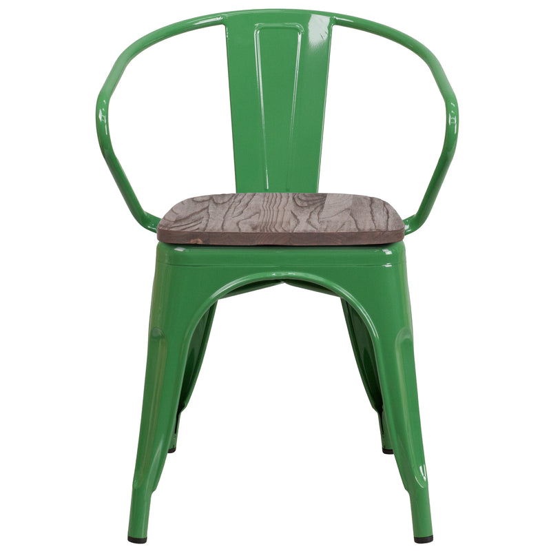 Green Metal Chair with Wood Seat and Arms