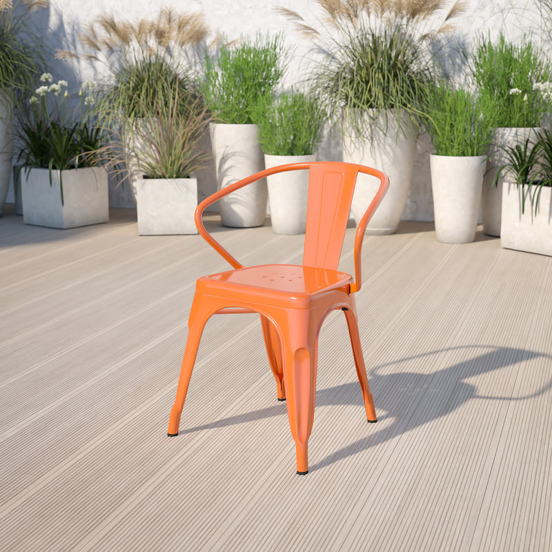 Commercial Grade Orange Metal Indoor-Outdoor Chair with Arms