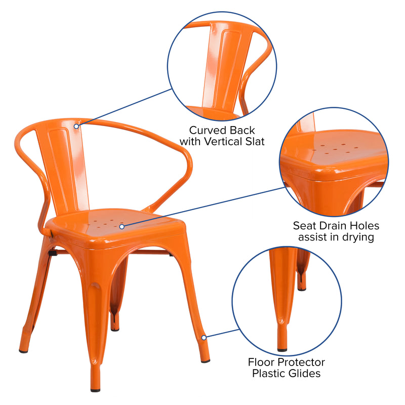 Commercial Grade Orange Metal Indoor-Outdoor Chair with Arms