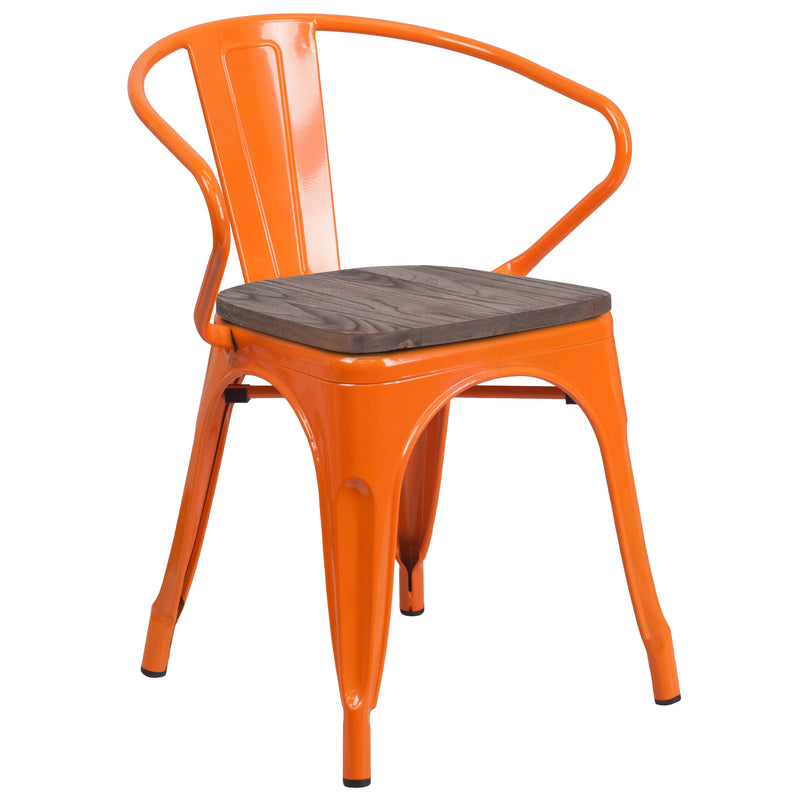 Orange Metal Chair with Wood Seat and Arms