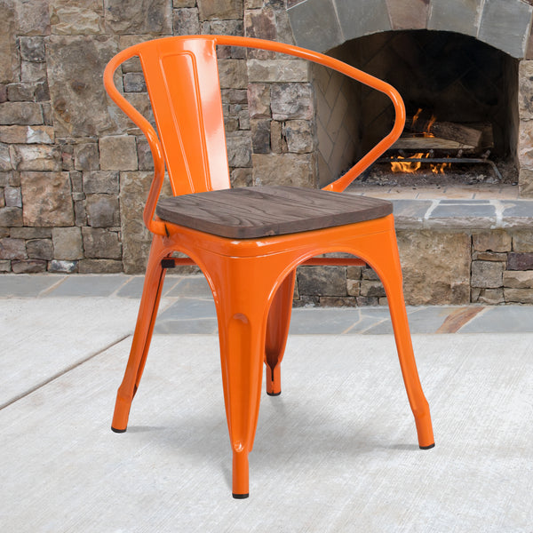 Orange Metal Chair with Wood Seat and Arms