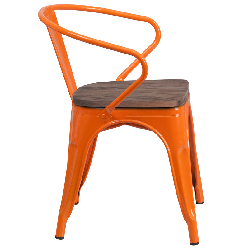 Orange Metal Chair with Wood Seat and Arms